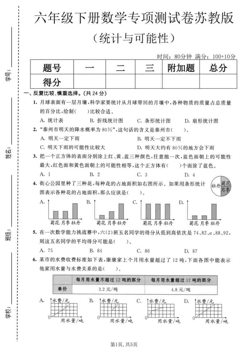 六年级下数学统计与可能性专项测试卷《苏教版》-柒染云阁