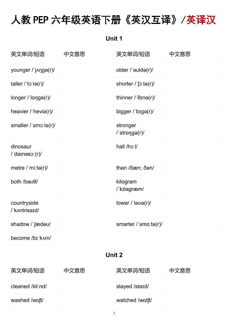 六年级下英语英汉互译练习《人教版PEP》-柒染云阁