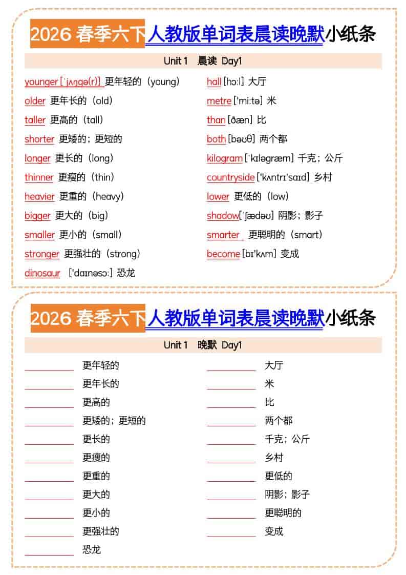六年级下英语2026春晨读晚默小纸条《人教版》-柒染云阁