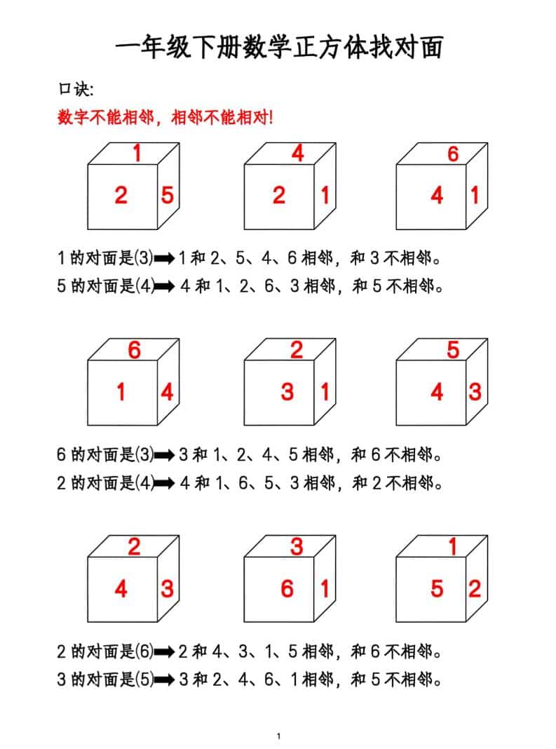 一年级下数学正方体找对面专项练2-柒染云阁