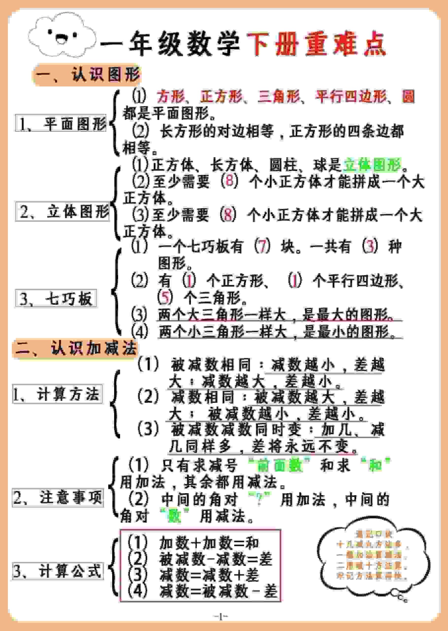 一年级下数学重难点汇总-柒染云阁