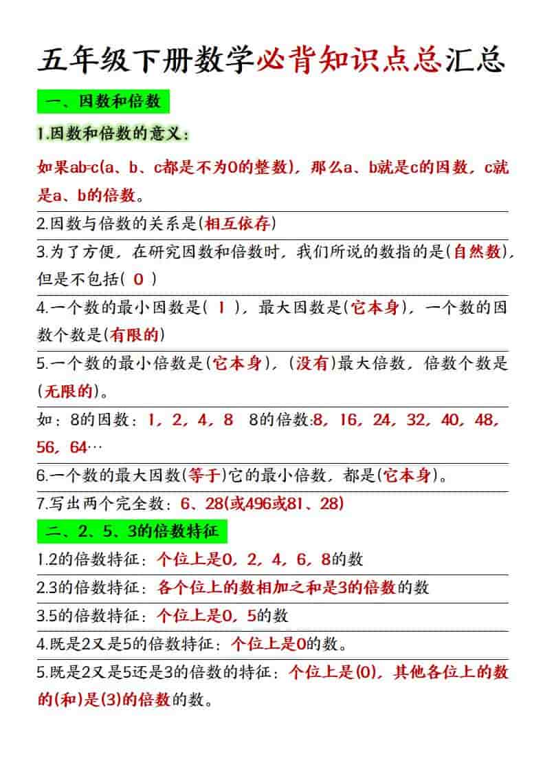 五年级下数学必背知识点总复习汇总《人教版》-柒染云阁