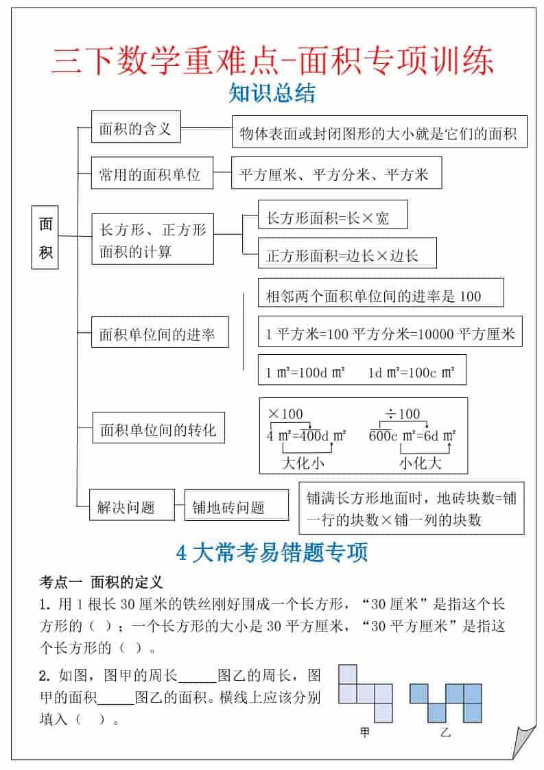 三年级下数学重难点-面积专项训练-柒染云阁