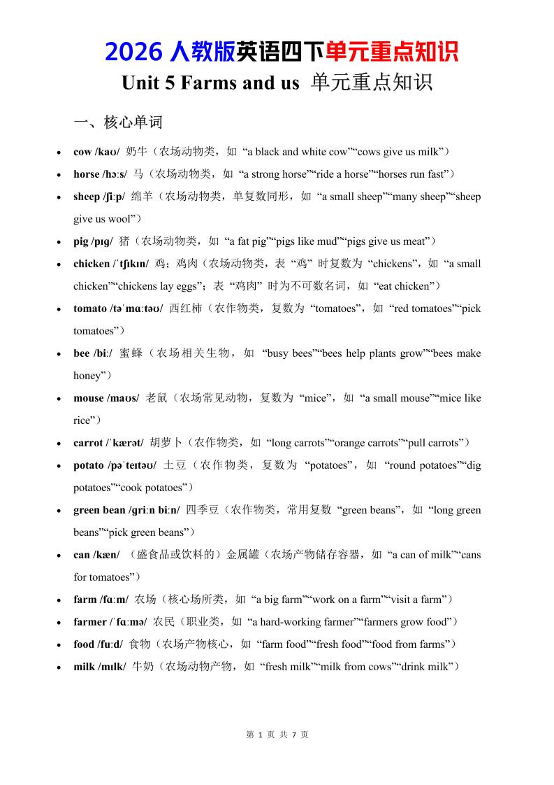 四年级下英语Unit5重点知识汇总《人教版PEP》-柒染云阁