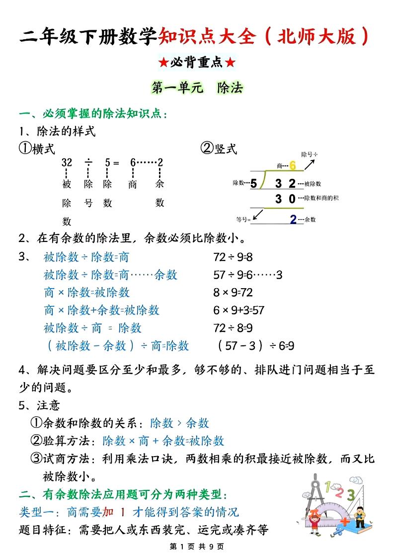 二年级下数学知识点大全《北师版》-柒染云阁