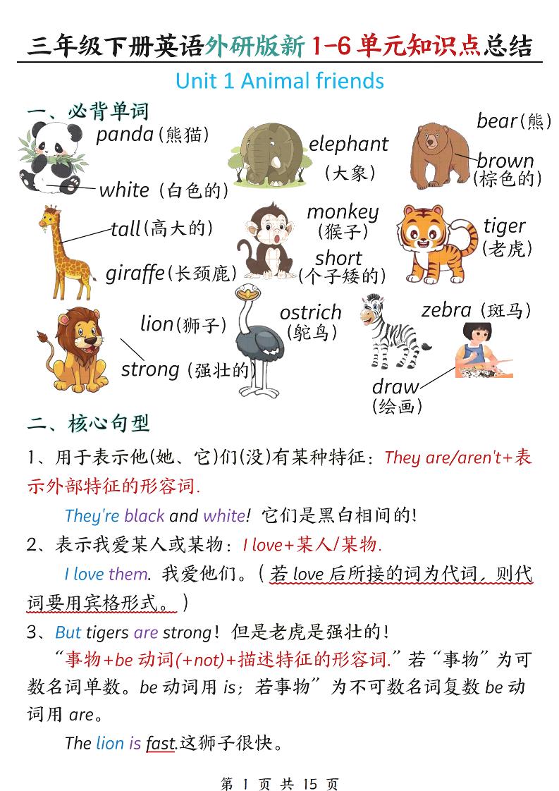 三年级下英语1-6单元必背知识点总结《外研版》-柒染云阁