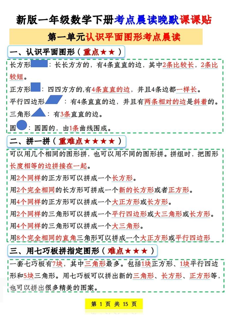 一年级下数学考点晨读晚默课课贴-柒染云阁