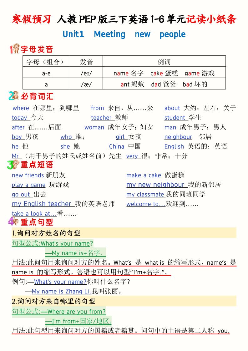 寒假预习三下人教PEP版英语1-6单元记读小纸条(12页）-柒染云阁