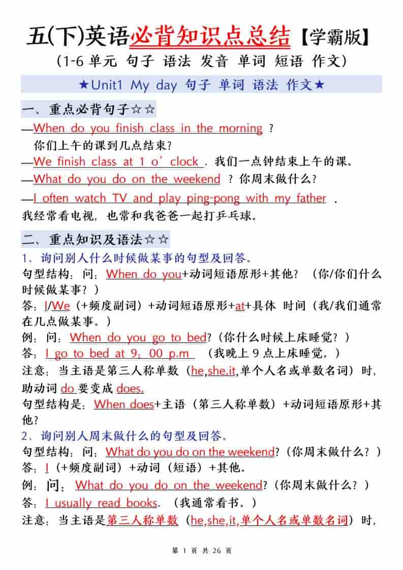 五年级下英语知识点归纳《人教PEP》-柒染云阁