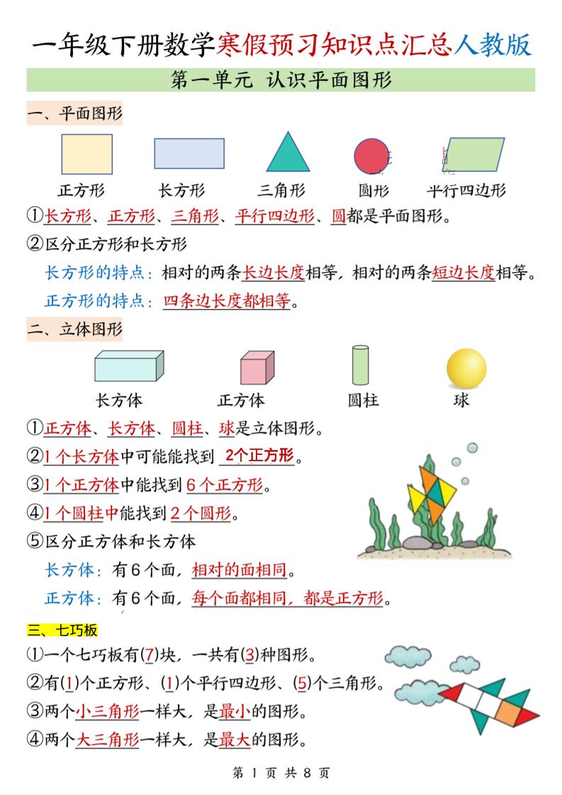 26春一下人教数学《寒假预习全册知识点汇总》-柒染云阁