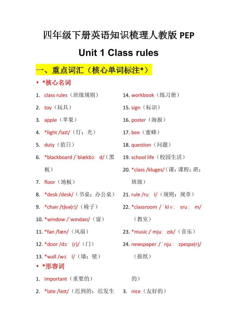 四年级下英语Unit1知识梳理+默写单《人教版PEP》-柒染云阁