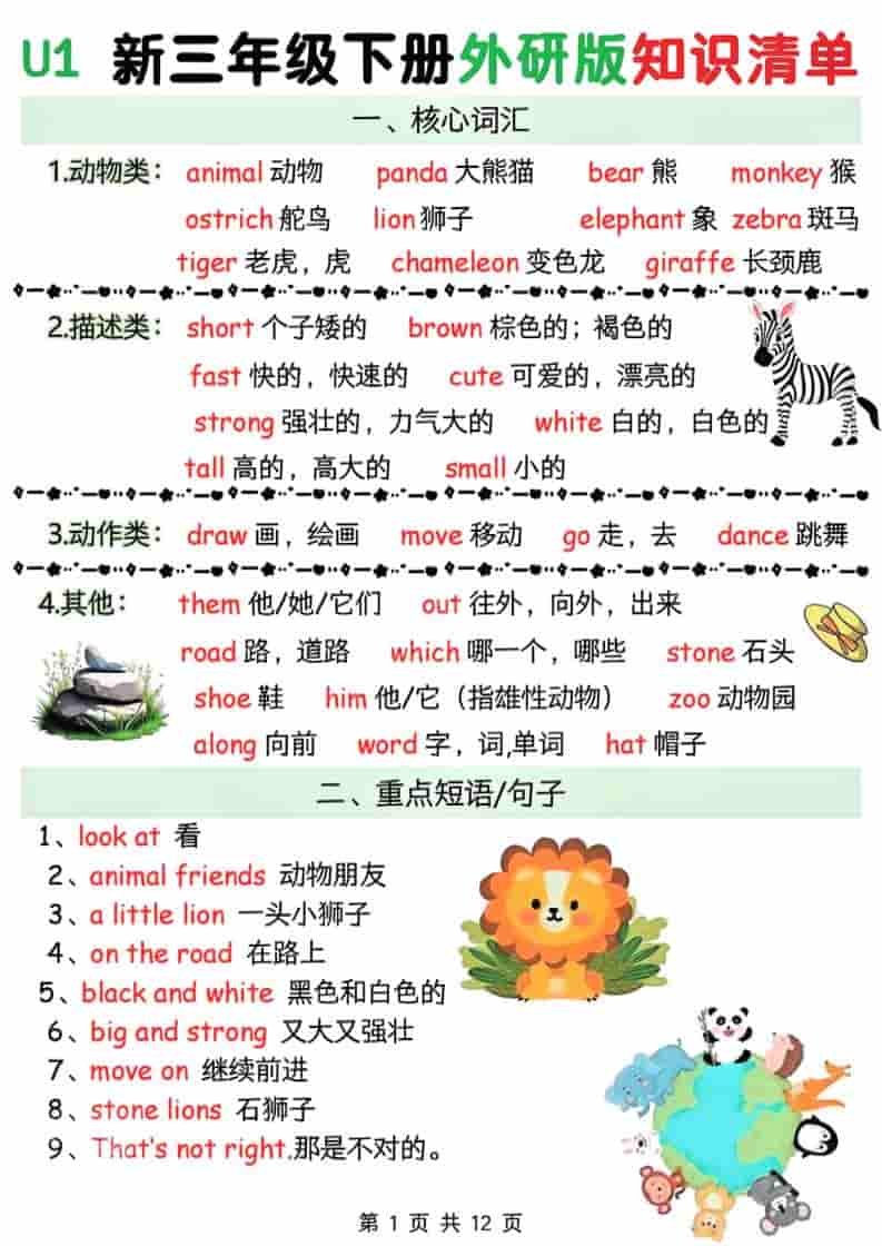 三年级下英语Unit1-6知识清单《外研版（三起）》-柒染云阁