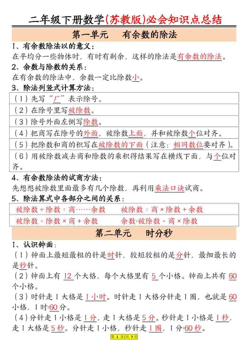 二年级下数学必会知识汇总《苏教版》-柒染云阁