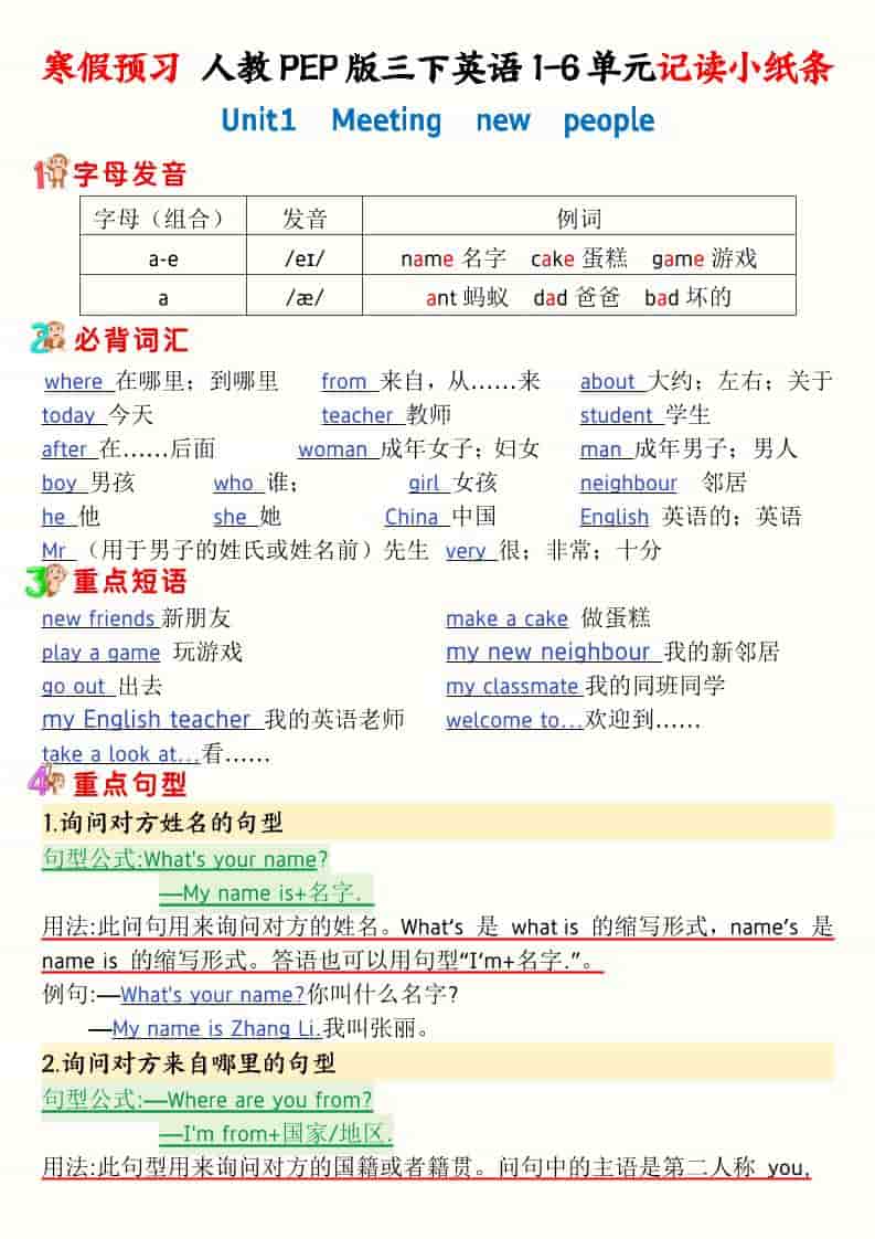 三年级下英语寒假预习1-6单元记读小纸条《人教版PEP》-柒染云阁