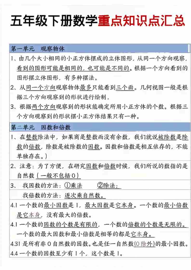 五年级下数学重点知识点汇总-柒染云阁