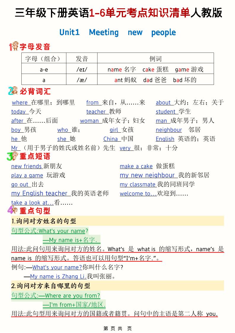 三年级下英语1-6单元考点知识清单《人教版PEP》-柒染云阁