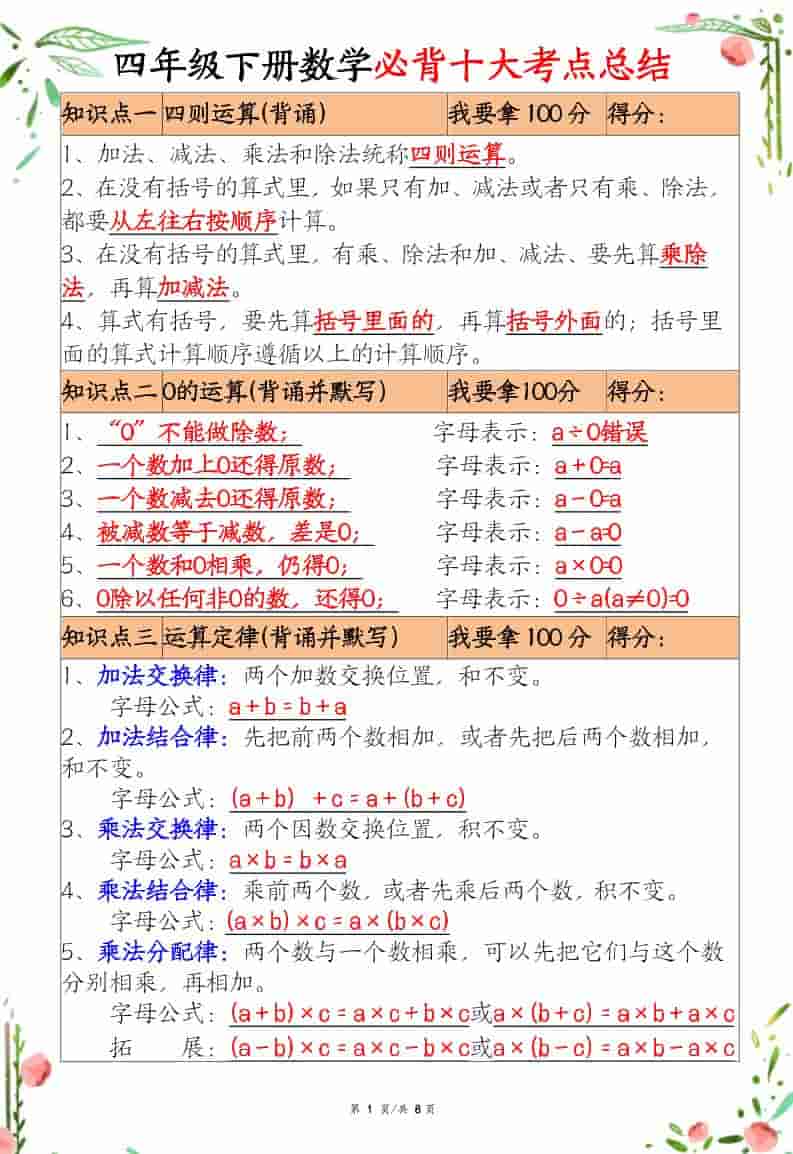 四年级下数学十大必背考点总结-柒染云阁