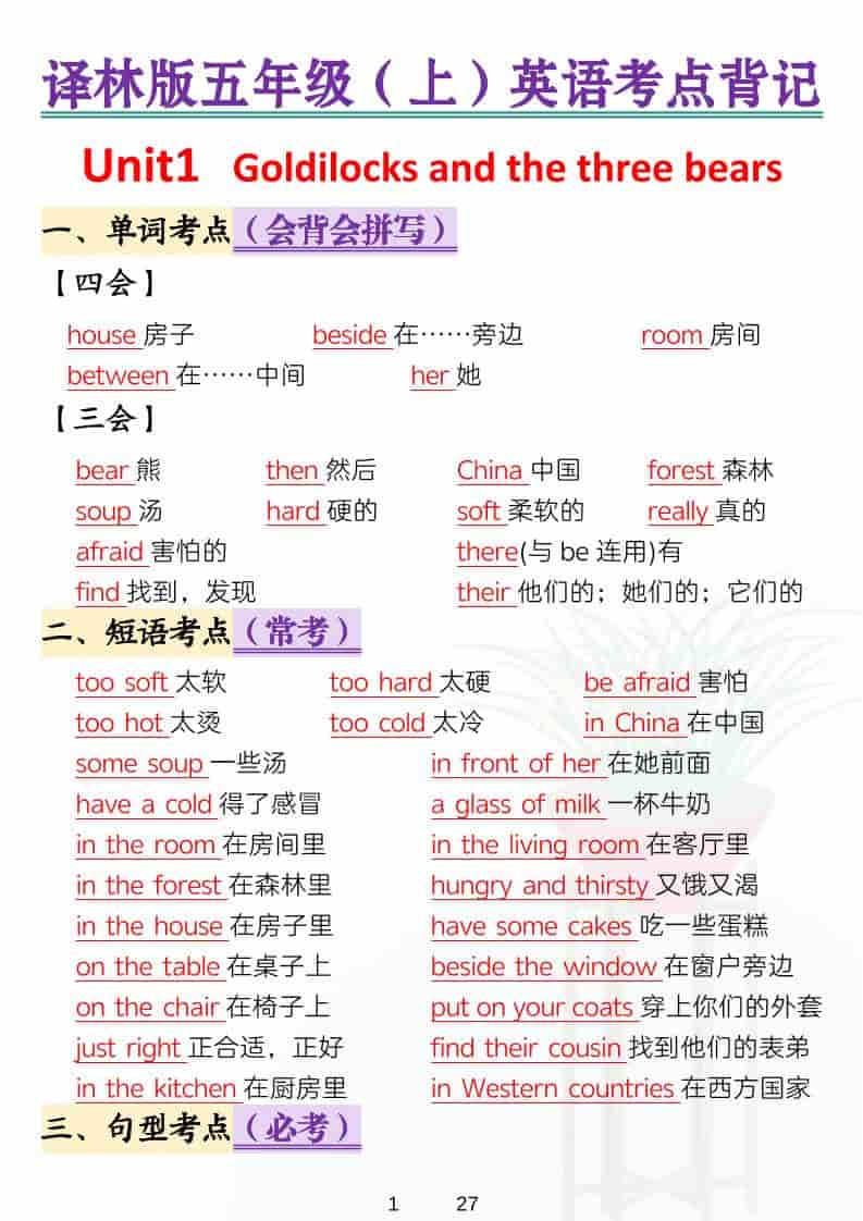 五年级上英语考点背记《译林版》-柒染云阁