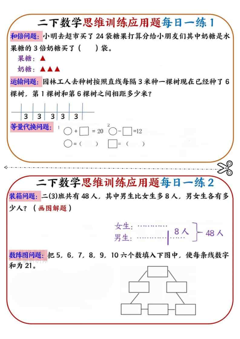 二年级下数学思维训练应用题每日一练小纸条-柒染云阁