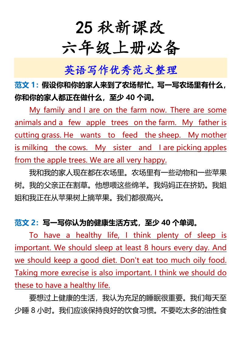 【2025秋新版】六年级上册必备英语写作优秀范文整理-柒染云阁