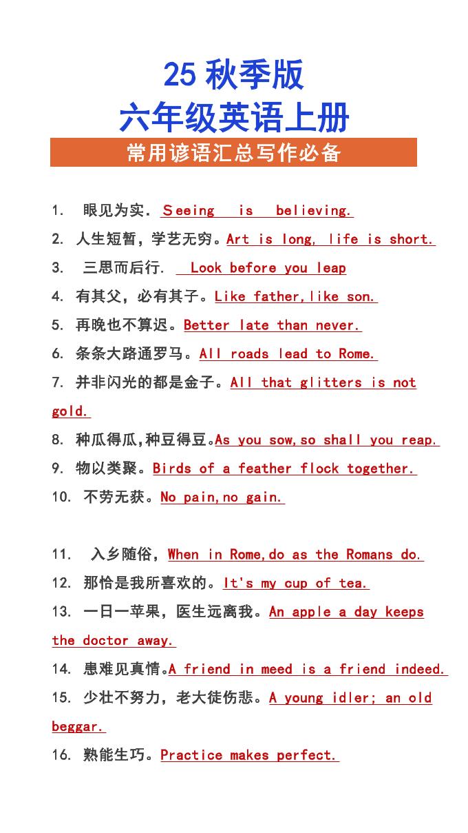 【2025秋新版】六年级上册英语常用谚语汇总写作必备-柒染云阁