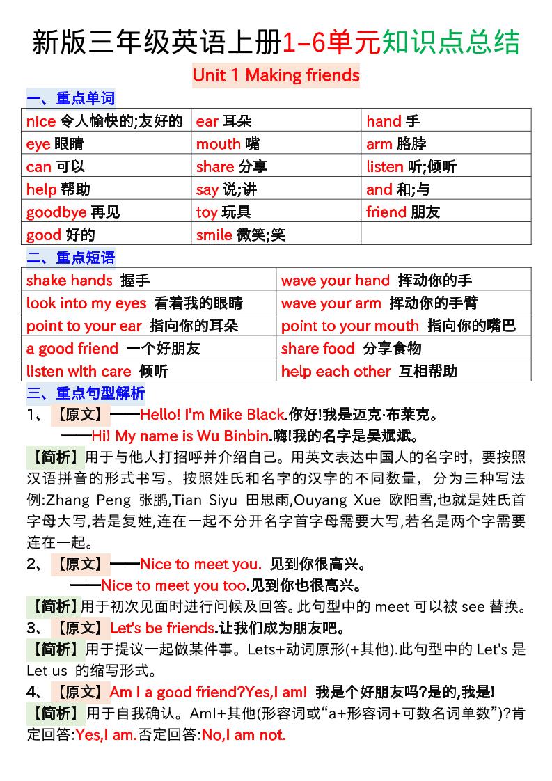 新版三年级英语上册1-6单元知识点总结-柒染云阁