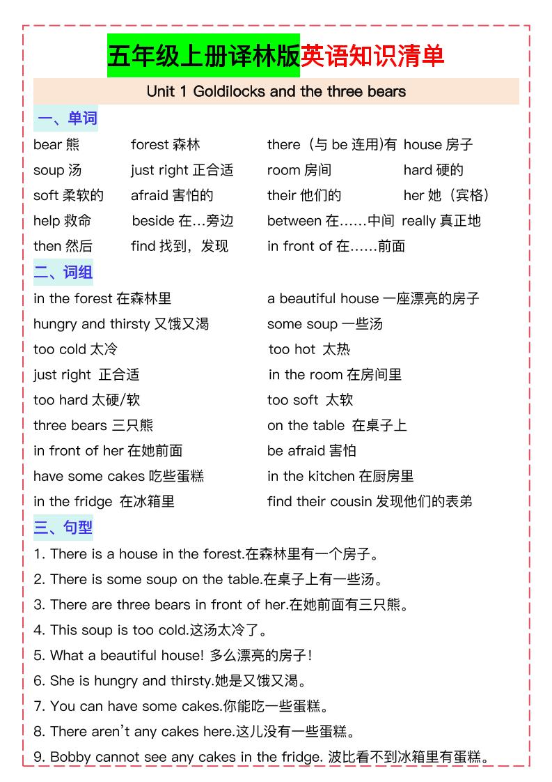 五上译林版英语知识清单21页-柒染云阁