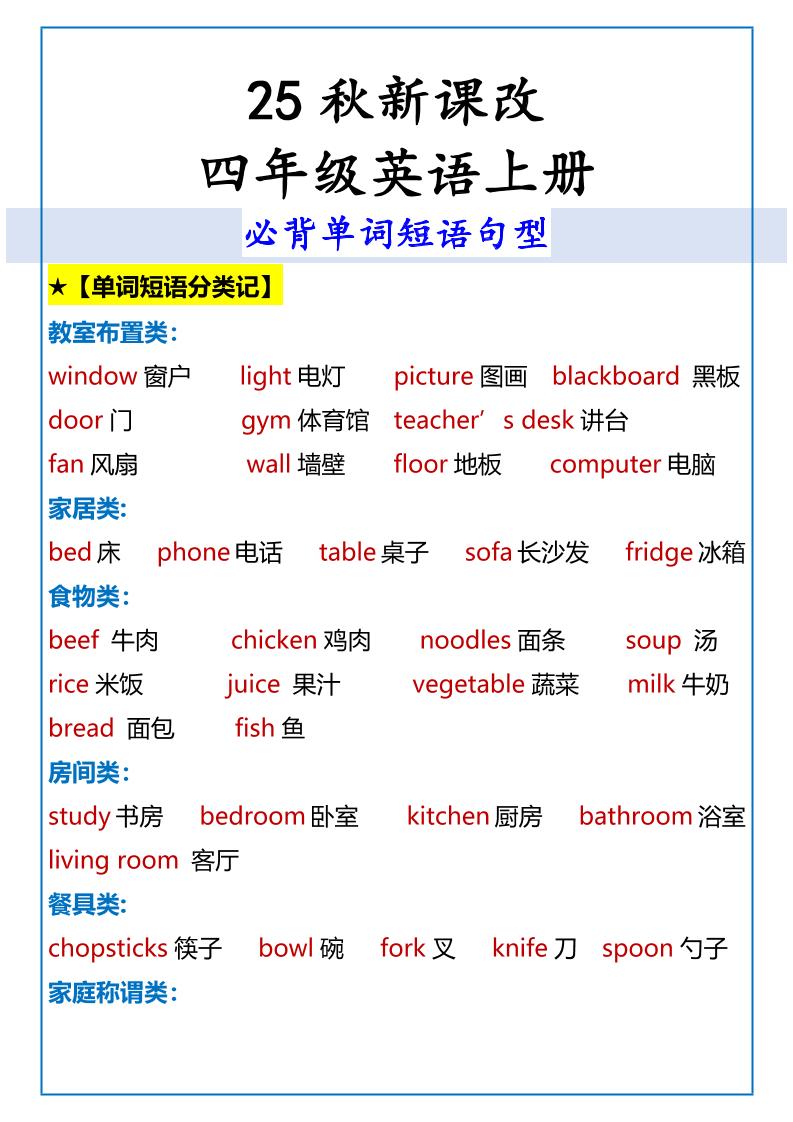 【2025秋新版】四年级英语上册必背单词短语句型-柒染云阁