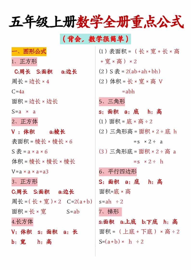 五年级上数学全册重点公式-柒染云阁