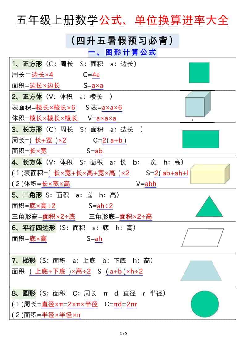 五年级上数学公式、单位换算进率大全-柒染云阁