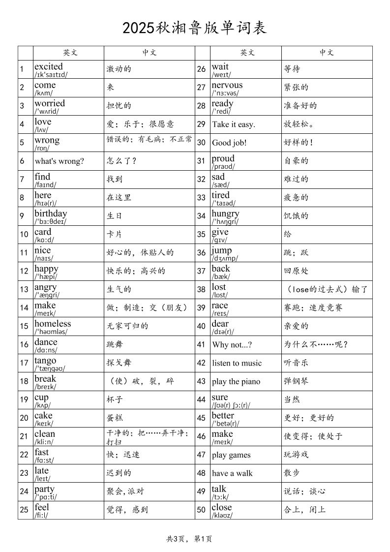 2025秋四上英语湘鲁版单词表-柒染云阁