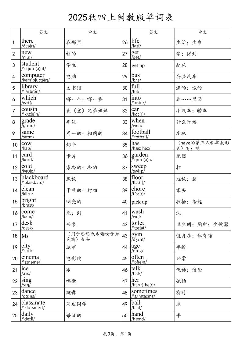 2025秋四上英语闽教版单词表-柒染云阁