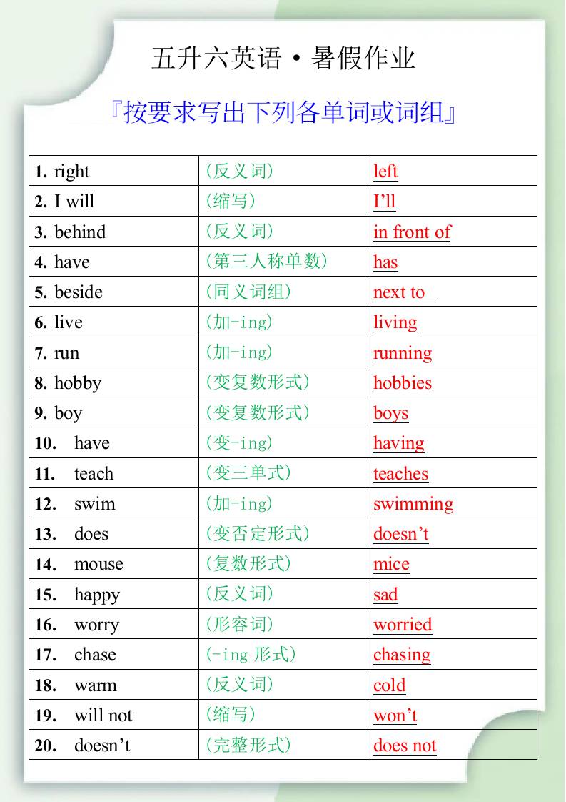 五升六英语暑假作业之按要求写出下列各单词或词组-六上英语-柒染云阁