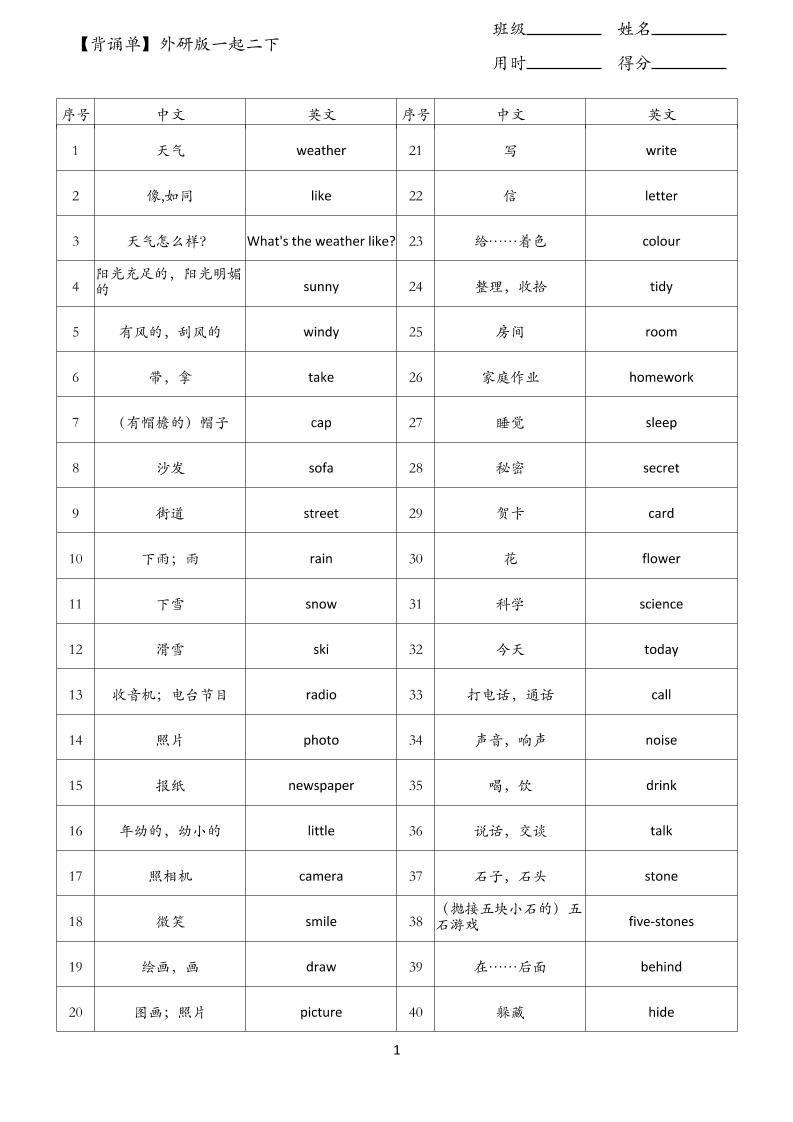 【背诵单】外研版一起二下英语-柒染云阁