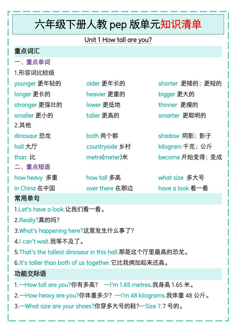 六下英语人教pep版单元知识清单-柒染云阁