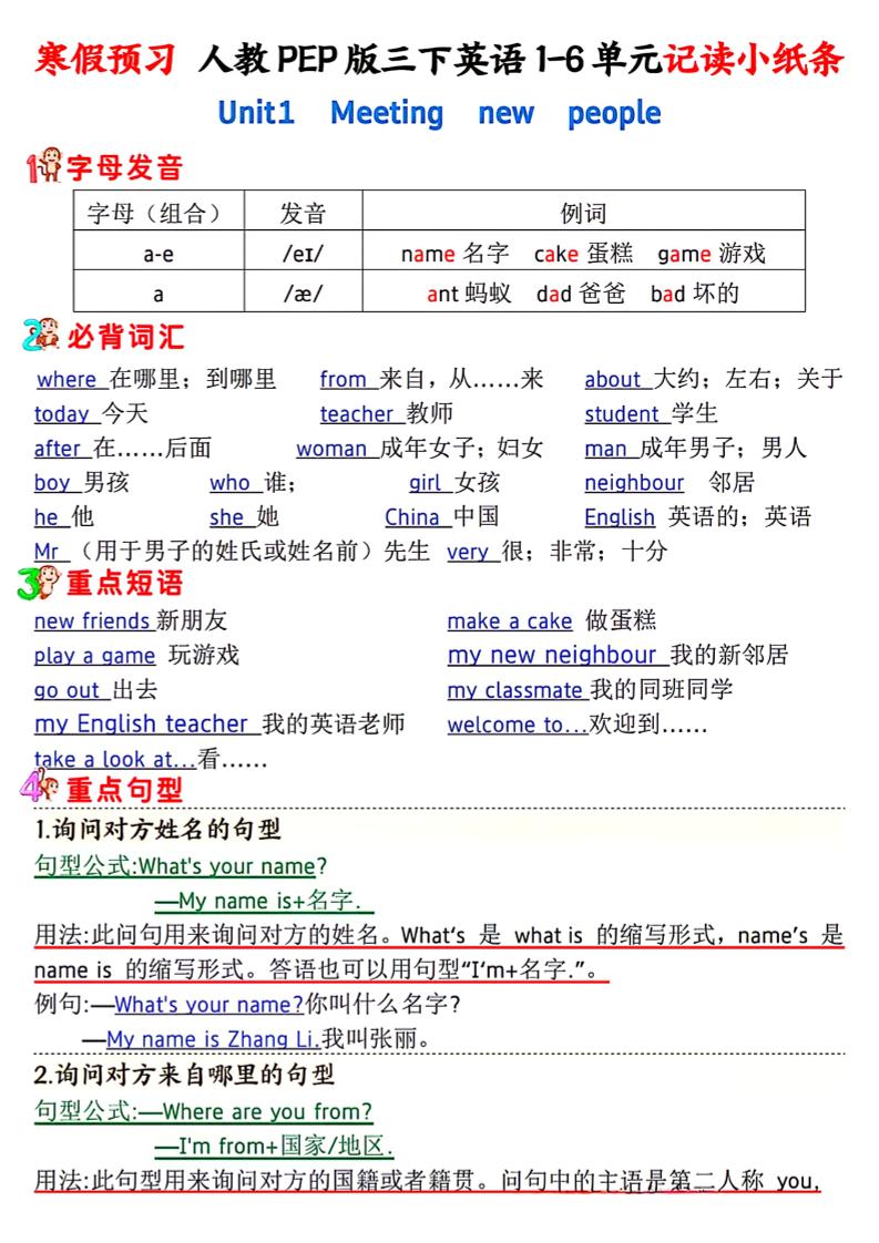 人教PEP版三下英语1-6单元记读小纸条-柒染云阁