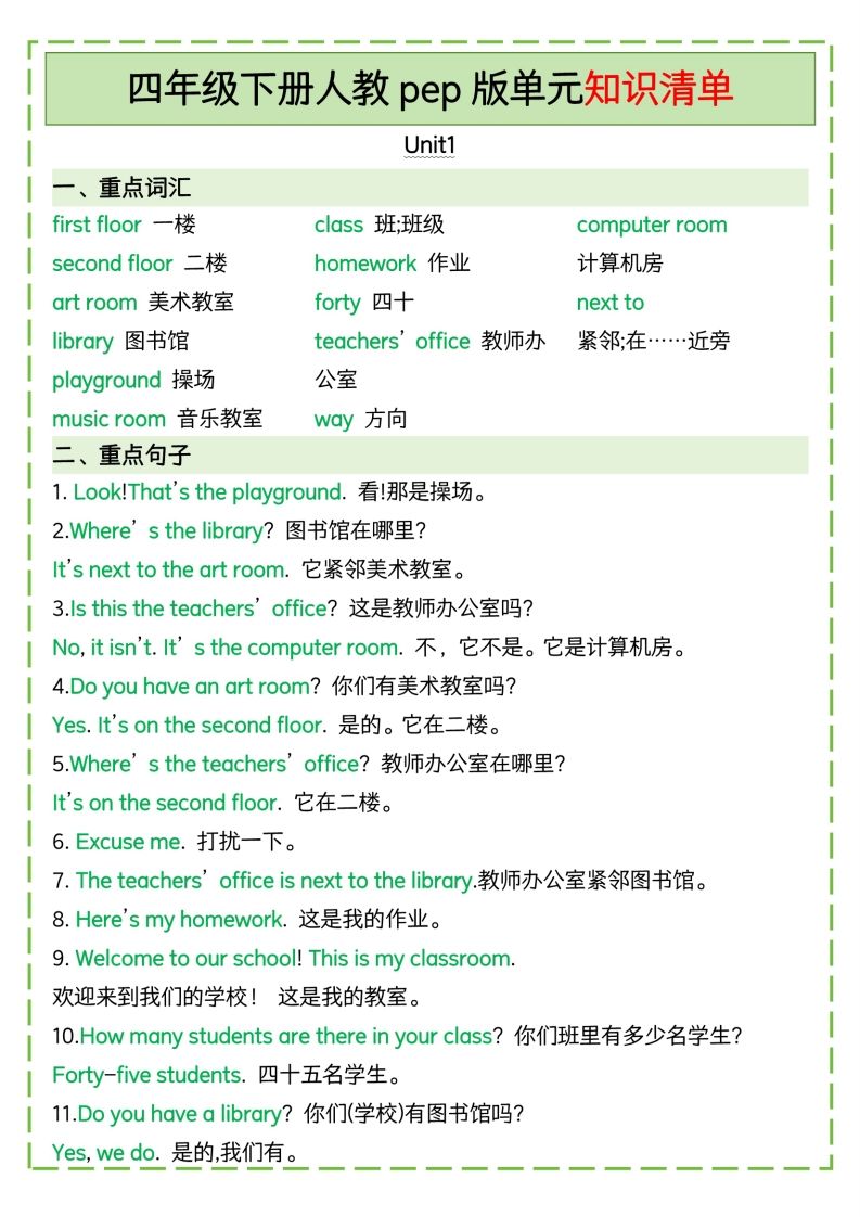 四下英语人教pep版单元知识清单-柒染云阁