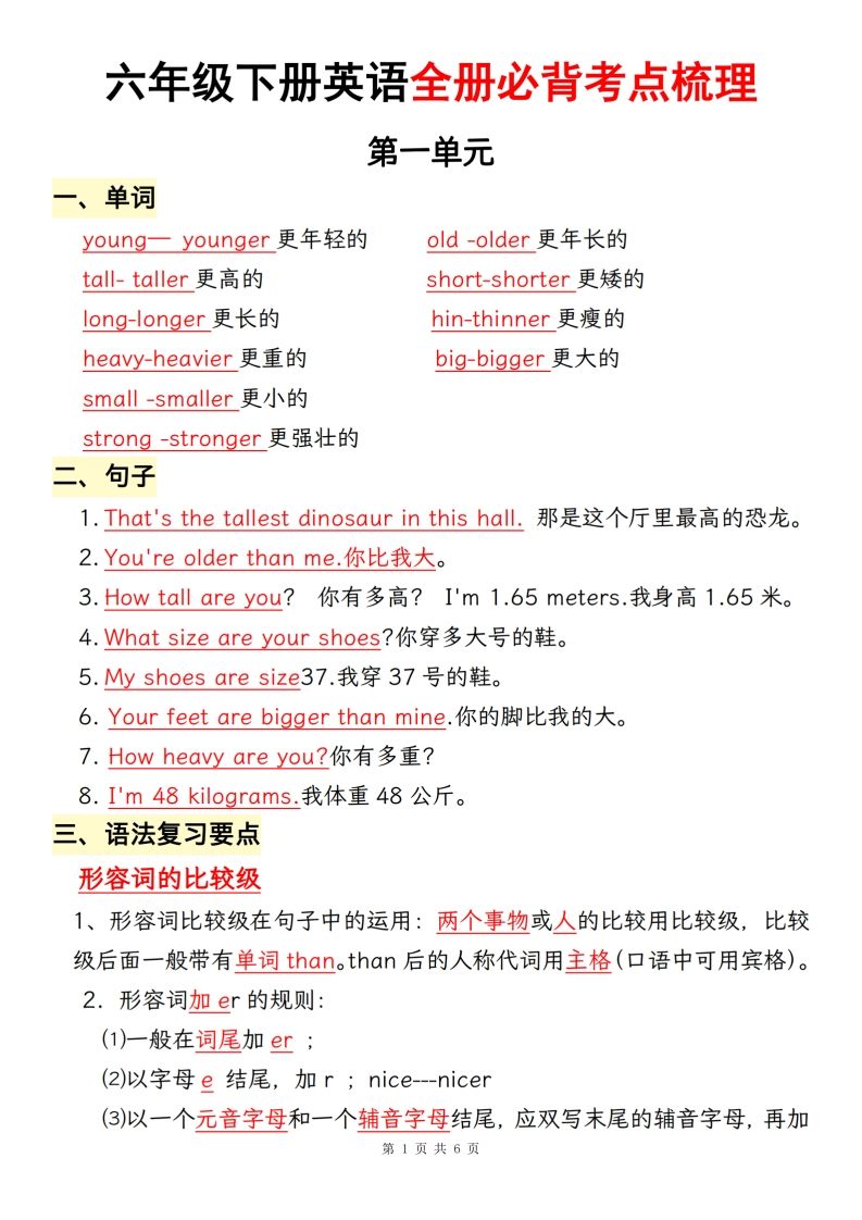 六下人教pep英语全册必背考点梳理-柒染云阁