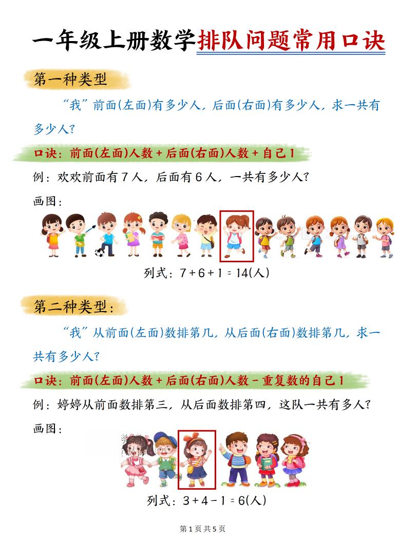 一年级上数学排队问题常用口诀-柒染云阁