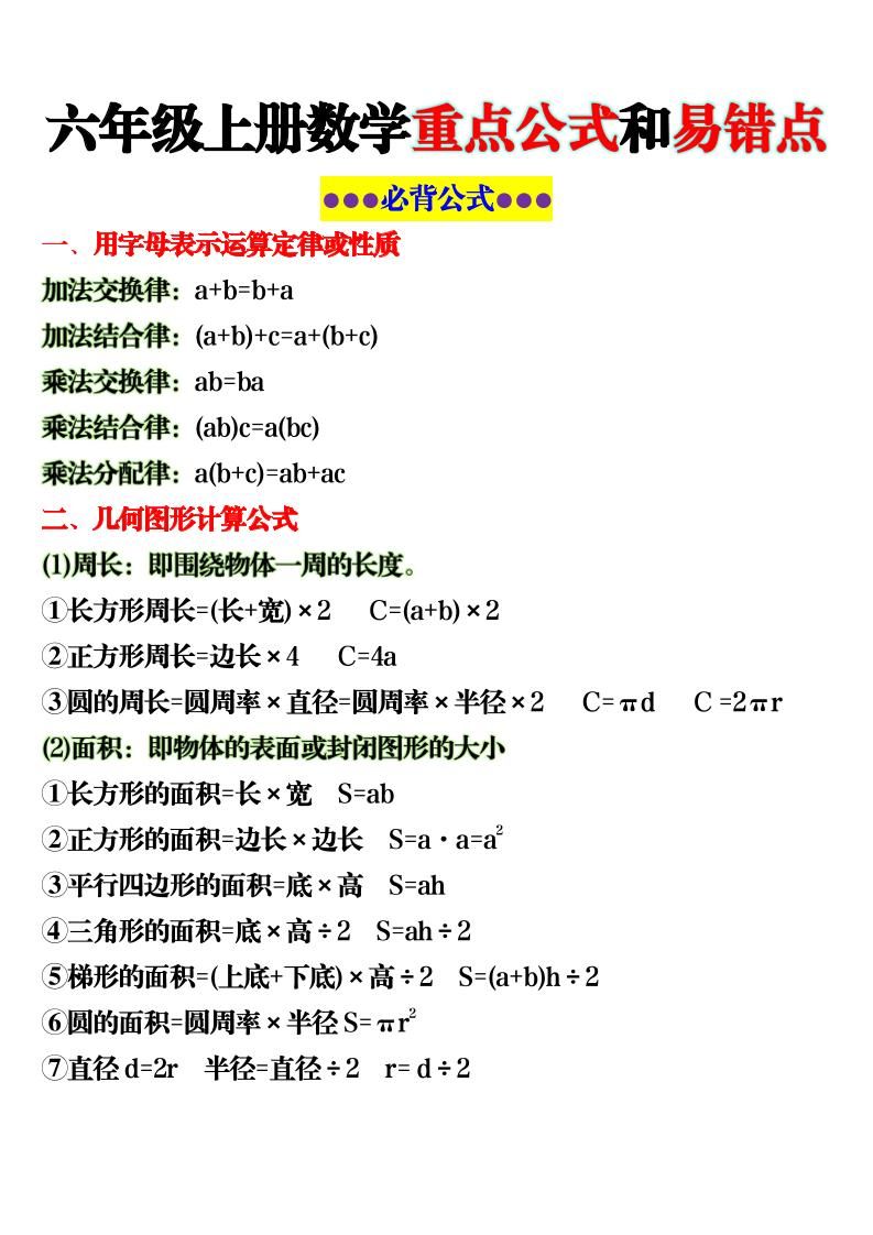 六上数学重点公式和易错点6页-柒染云阁