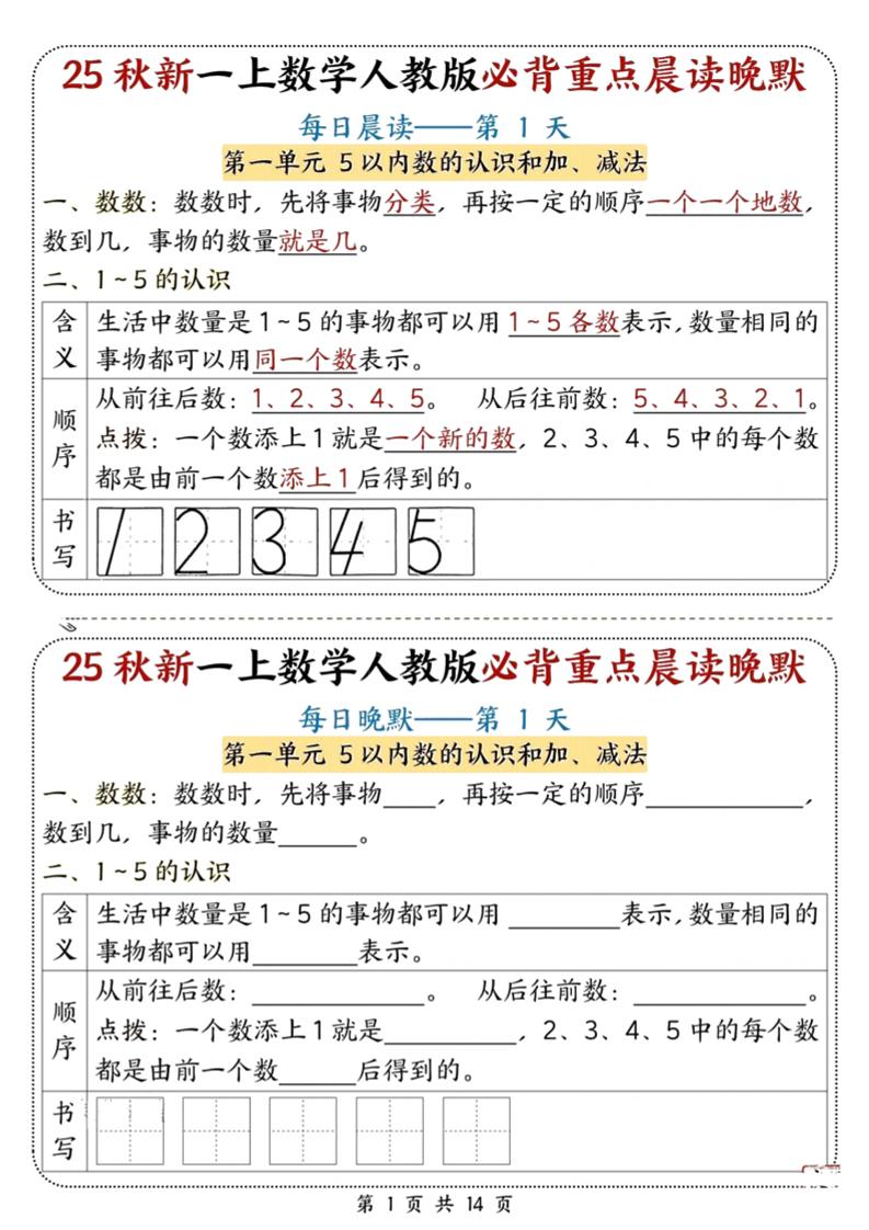 25秋新一上数学必背重点晨读晚默（人教版14页）-柒染云阁