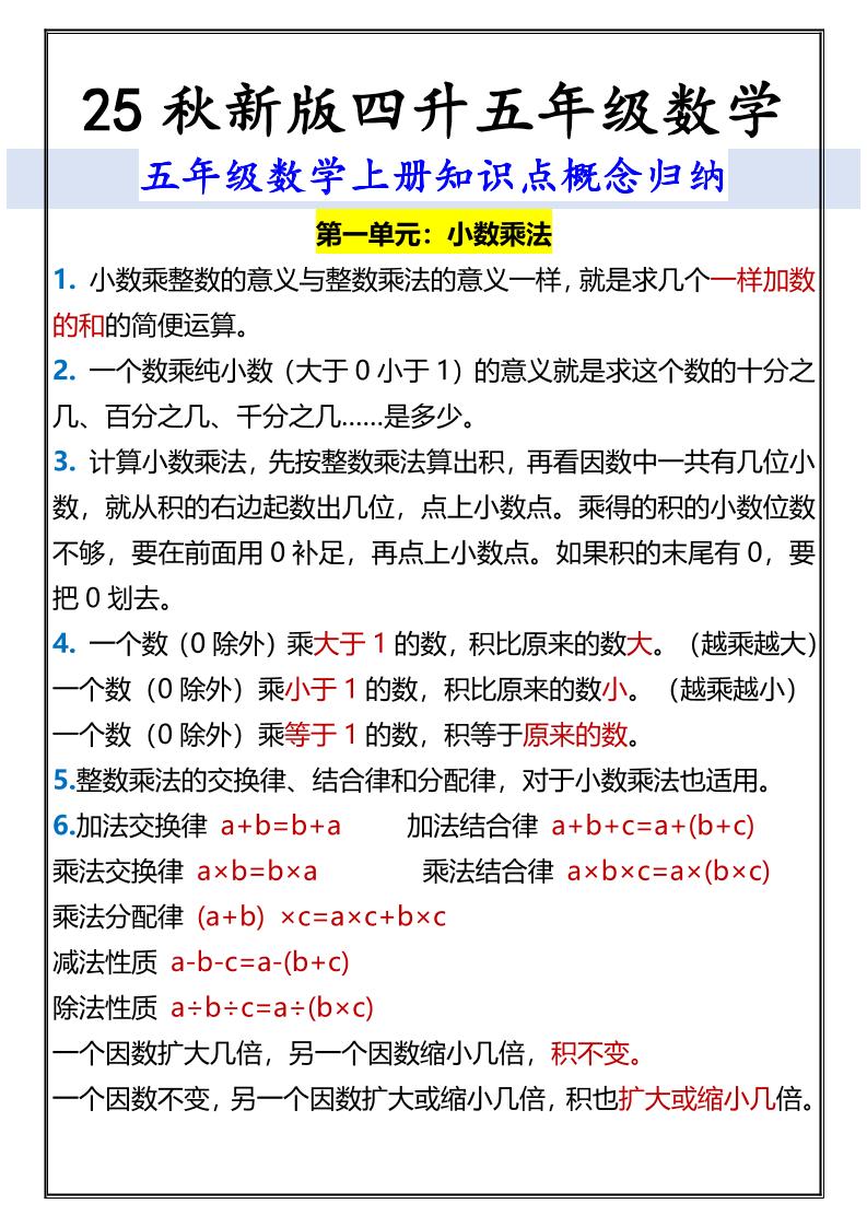 【2025秋新版】五年级数学上册知识点概念归纳-柒染云阁
