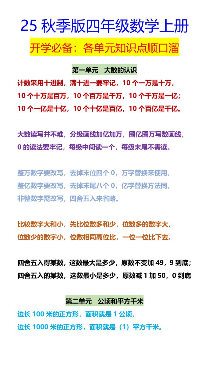 【2025秋新版】四年级数学上册开学必备：各单元知识点顺口溜-柒染云阁
