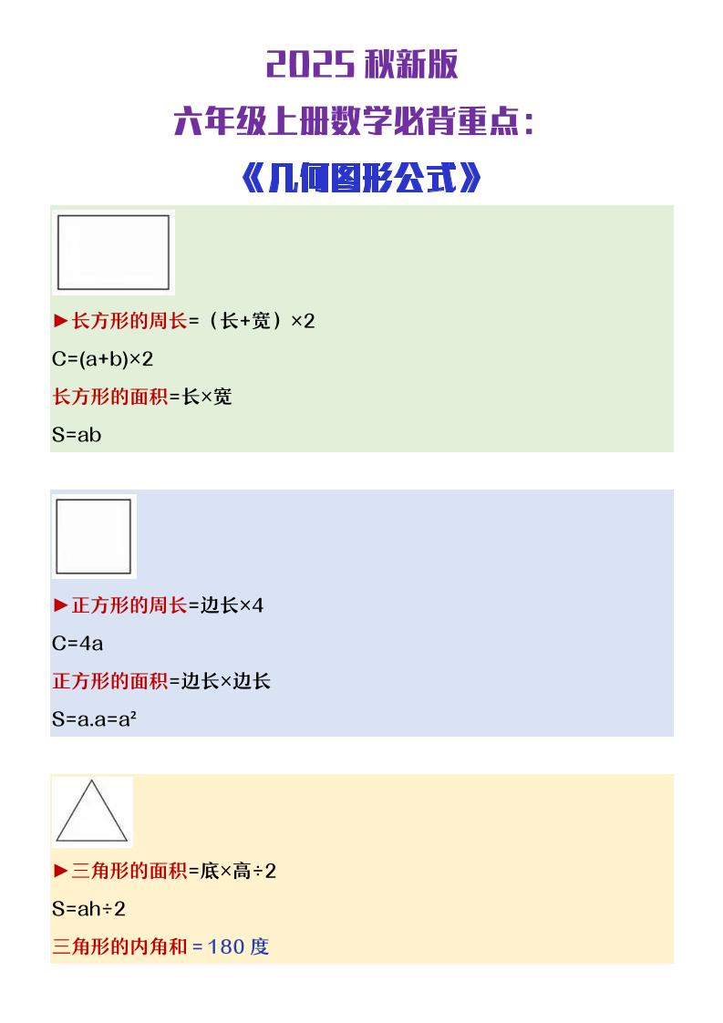 【2025秋新版】六年级上册数学必背几何图形公式大全-柒染云阁