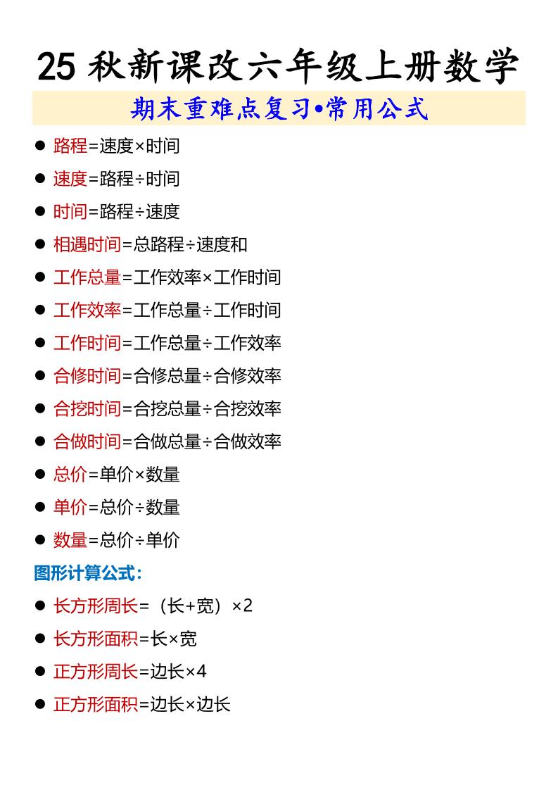 【2025秋新版】六年级上册数学期末重难点复习•常用公式-柒染云阁
