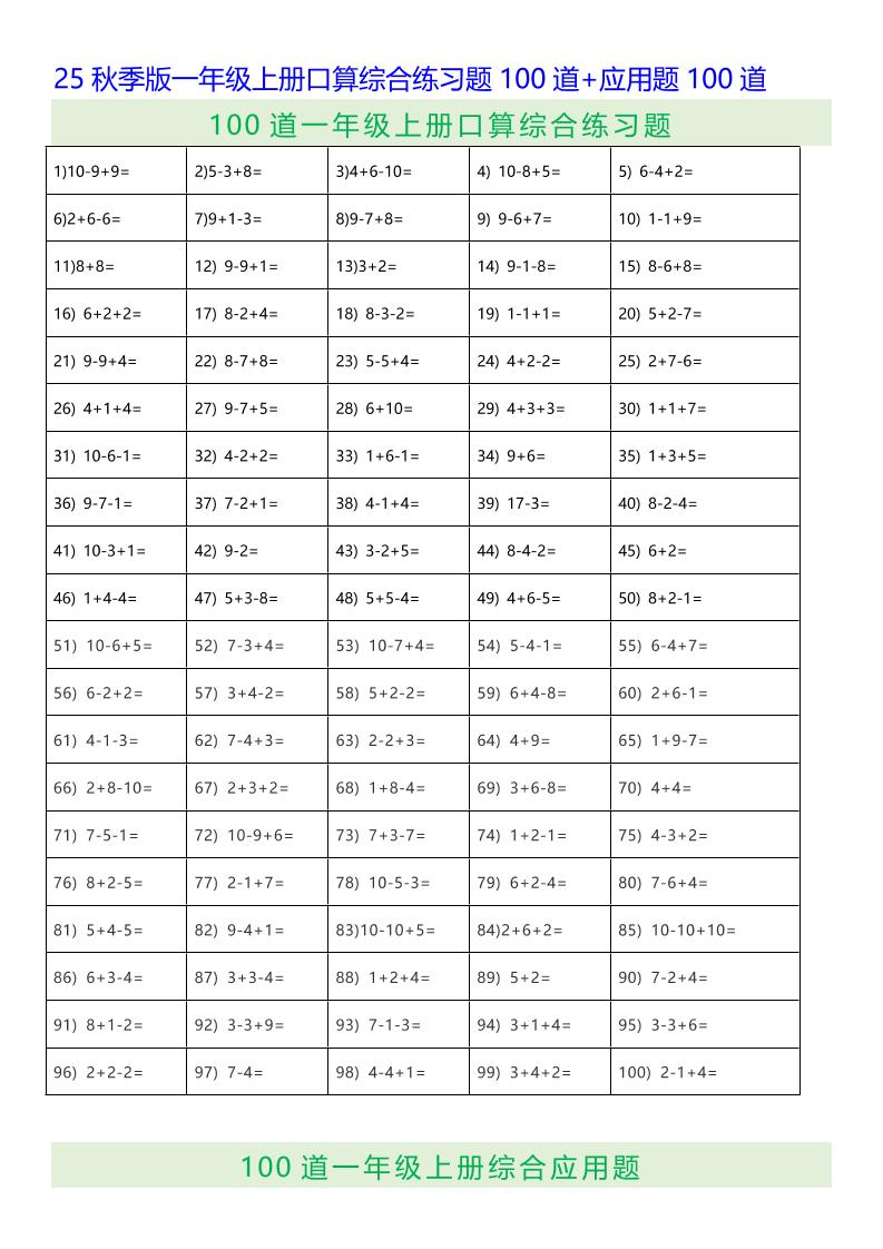 【2025秋新版】一年级上册口算综合练习题100道+应用题100道-一上数学-柒染云阁