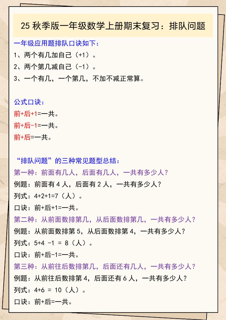 【2025秋新版】一年级数学上册期末复习：排队问题-柒染云阁