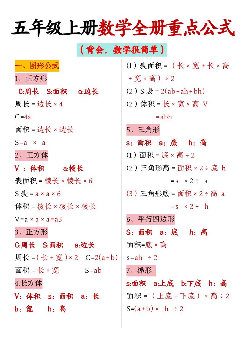五上数学【全册重点公式】-柒染云阁