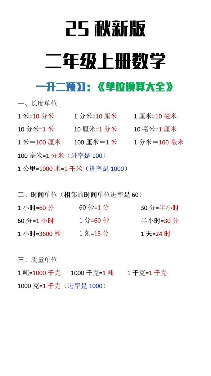 【2025秋新版】二年级上册数学单位换算大全-柒染云阁