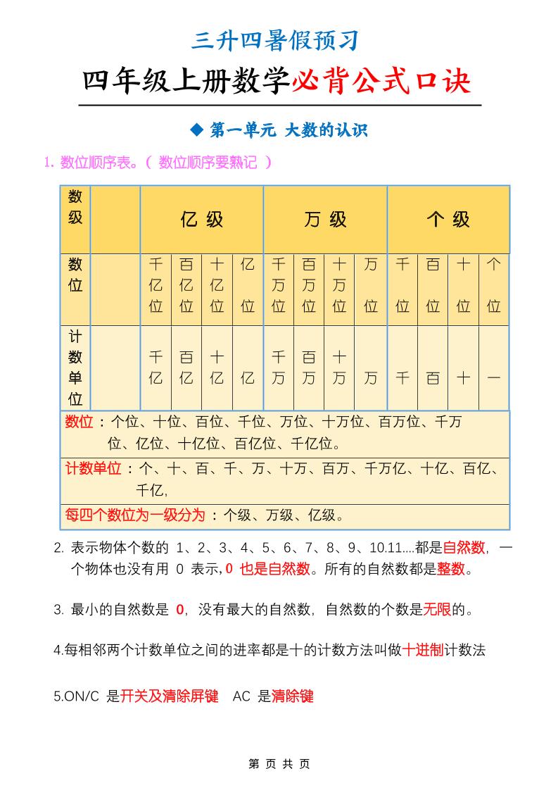 三升四暑假预习四上数学必背公式口诀（9页）-四上数学-柒染云阁